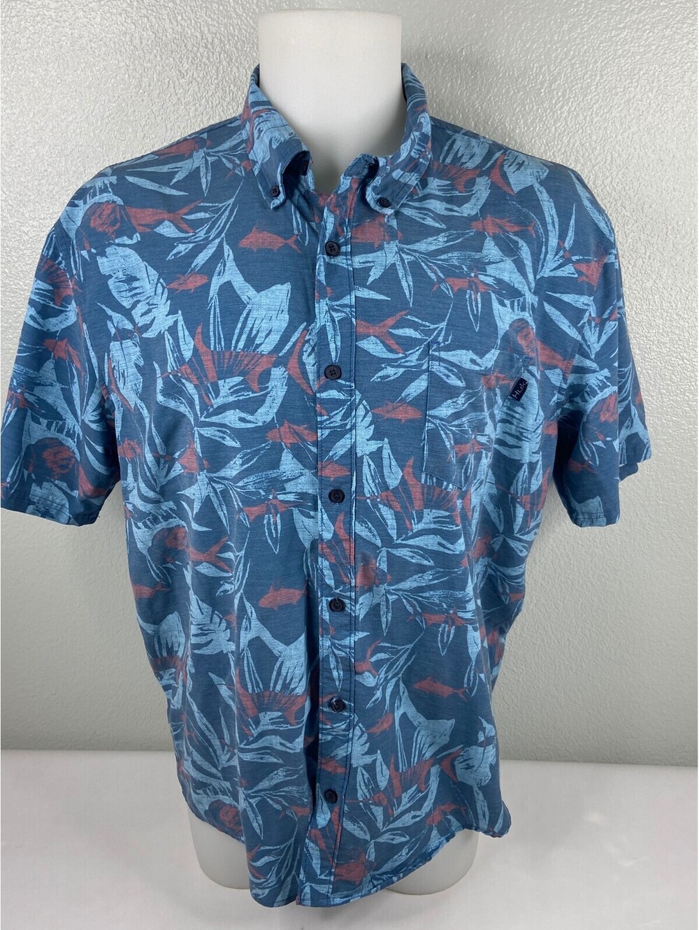 HUK Men XL Blue Tropical Shirt Fish Floral Casual Button Front